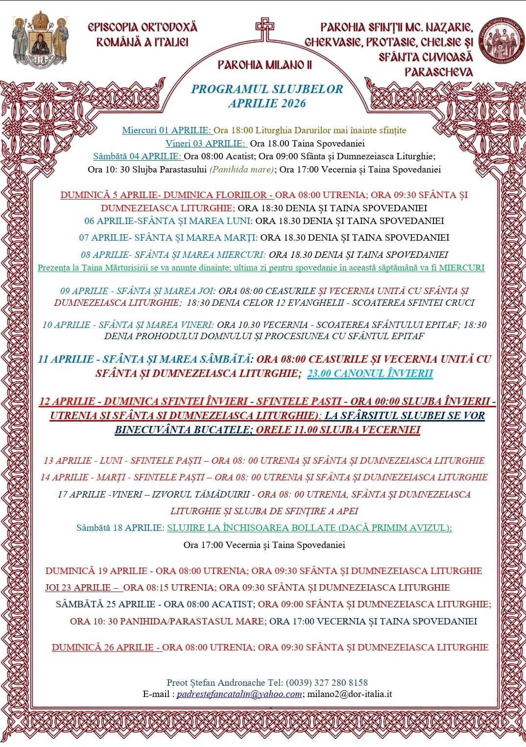 Program Aprilie - Parohia Milano 2 - Program Slujbe