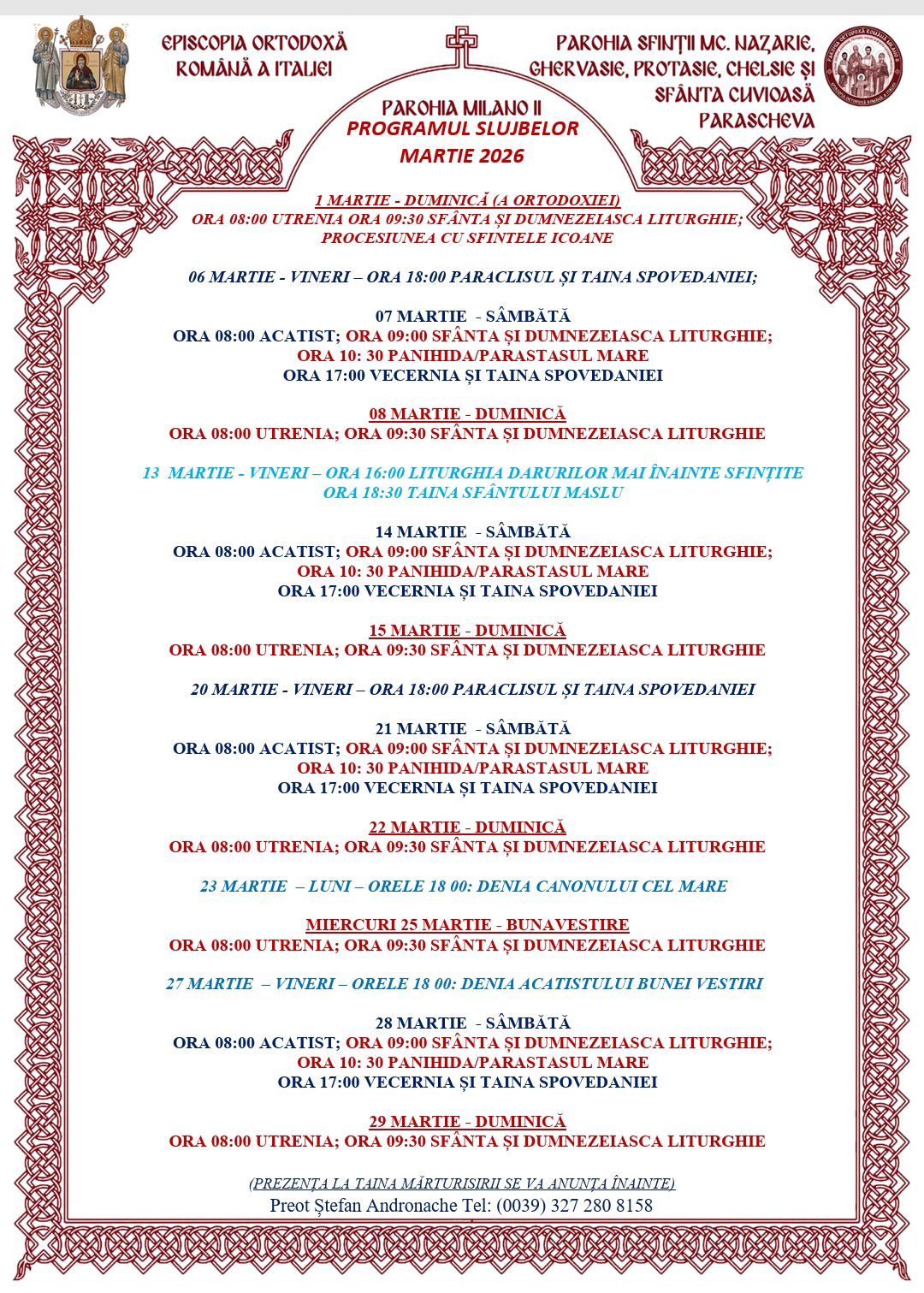 Program Martie - Parohia Milano 2 - Program Slujbe