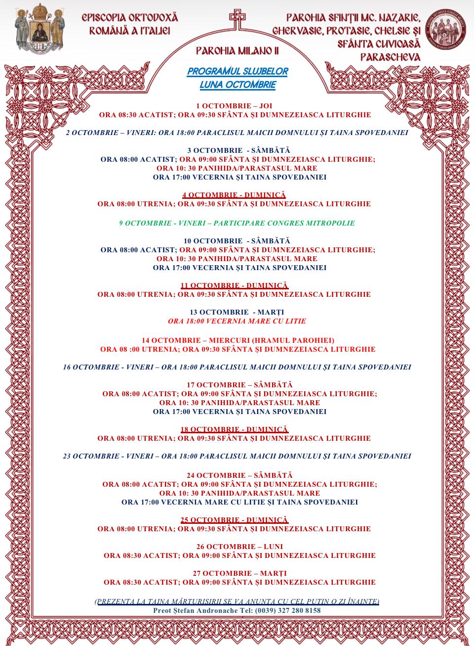 Program Octombrie - Parohia Milano 2 - Program Slujbe