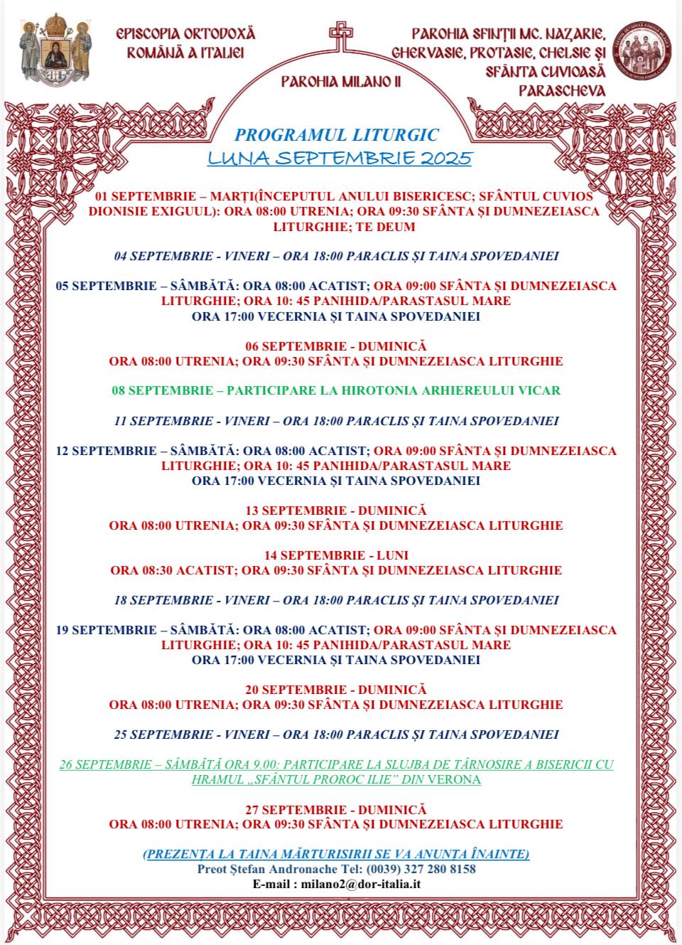 Program Septembrie - Parohia Milano 2 - Program Slujbe